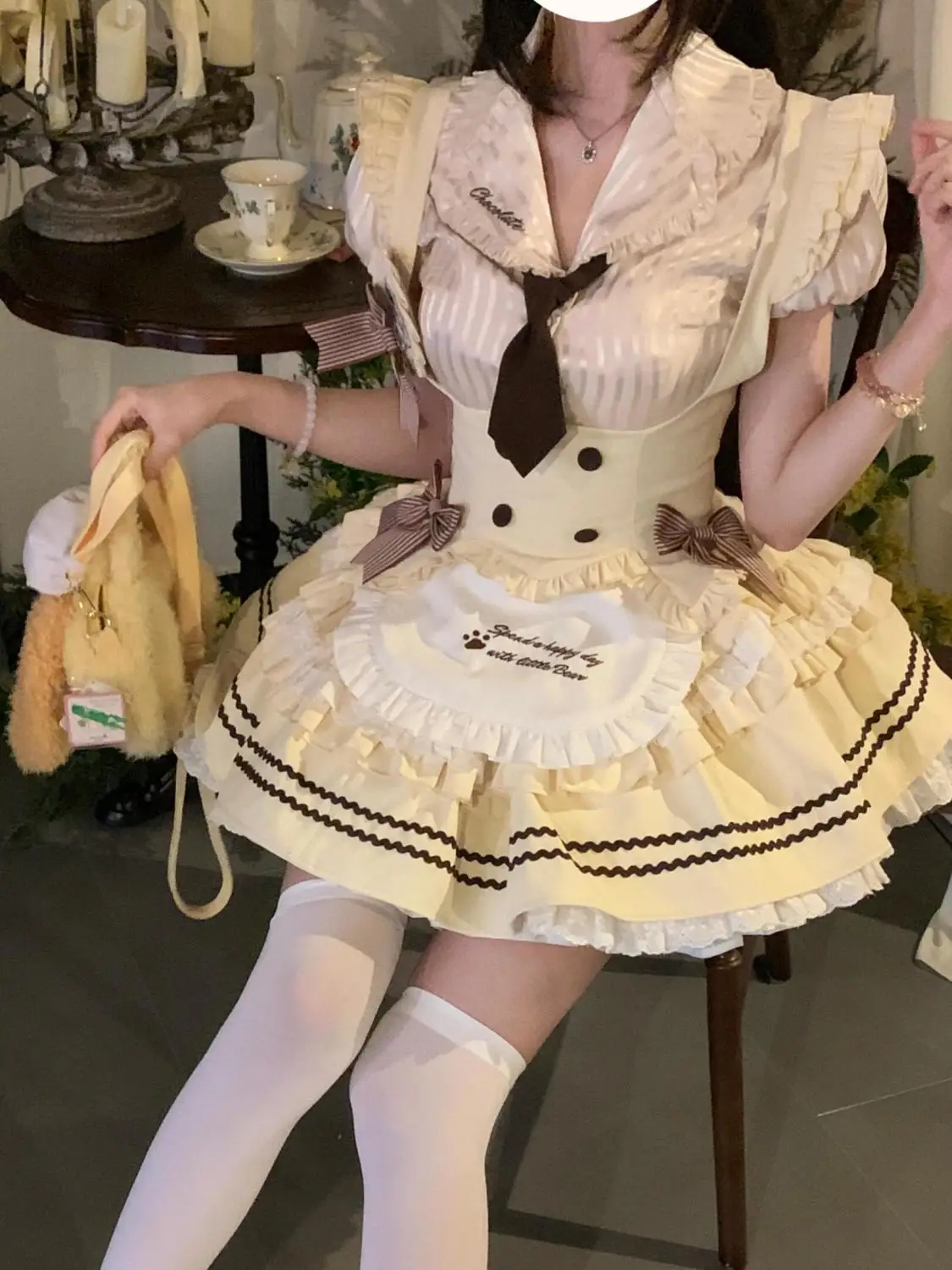 

Women Sweet Lolita Three Piece Set Short Sleeve Shirt Apron Pleated Skirt Tie Maid Style Slim Fit Suit Cosplay Uniform Outfit
