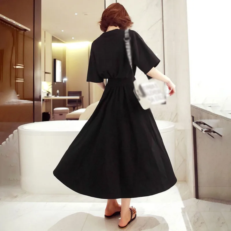 Summer Dresses for Women O-Neck Basic A-line Mid-length Loose Skirt Short-Sleeve Versatile Knitted Large Hem Dress