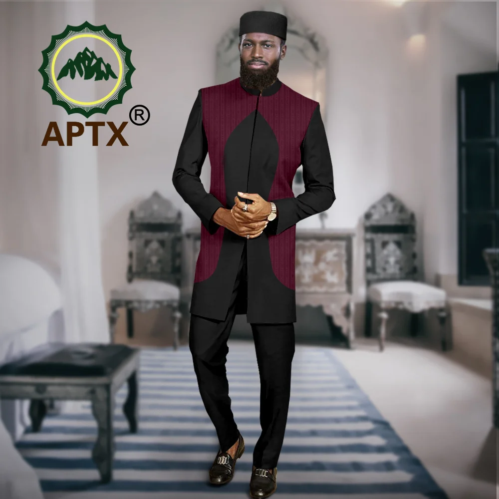 African Clothes Men Suits Fashion Business Attire Dashiki Clothing Jacket Pants Hat 3 Pcs Set Wedding Party Bazin Riche A2316068