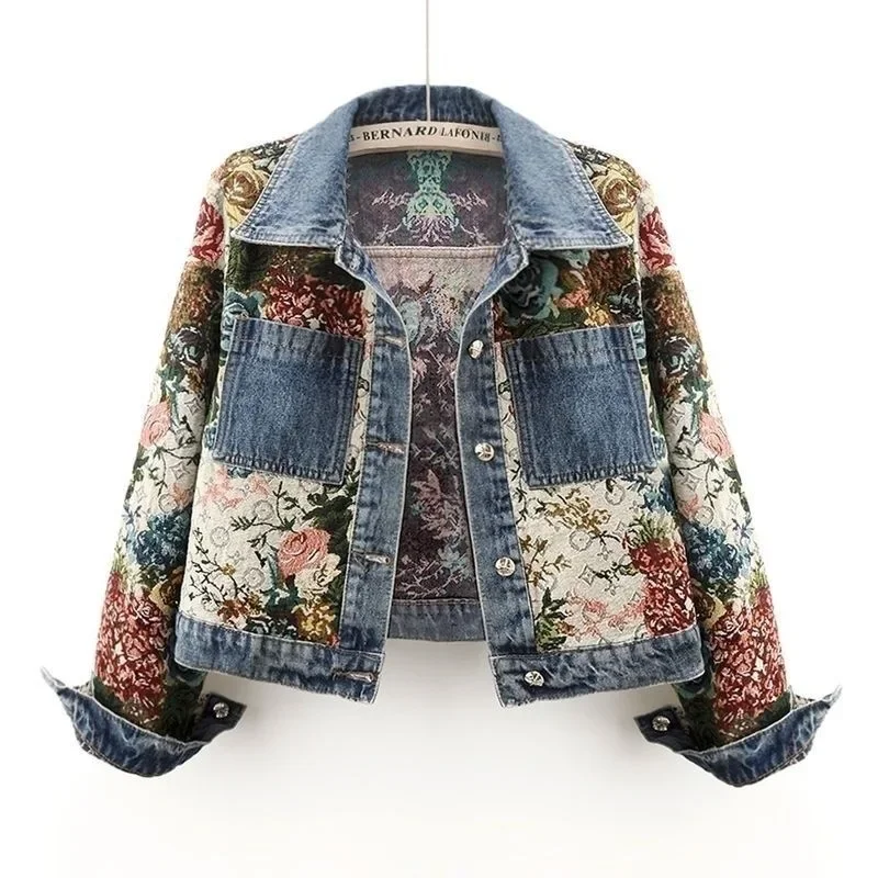Primavera 2025 Chaqueta vaquera con cuello de manga larga y estampado corto versátil para mujer abrigo superior informal de algodón para figuras pequeñas