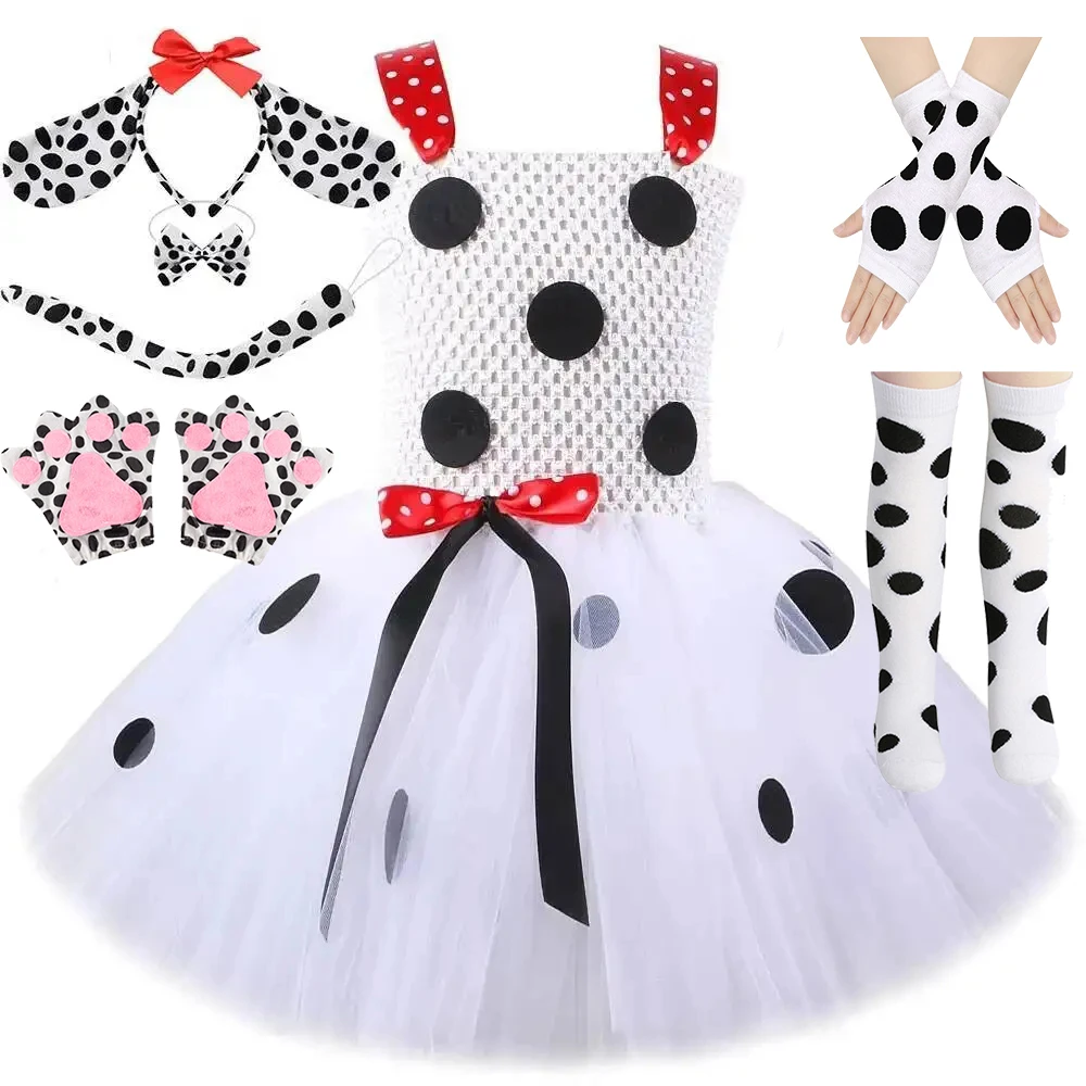

White Dalmatian Dog Costumes for Girls Spotted Puppy Dog Tutu Dress for Animal Halloween Outfit with Ears Bowtie Tail 1-12 Years