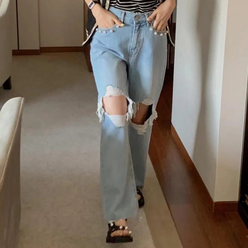 

Retro Washed High Waist Straight Leg Jeans Women's Pants Large Hole Torn Loose Fit Denim with Bead Embellishment Long Trousers