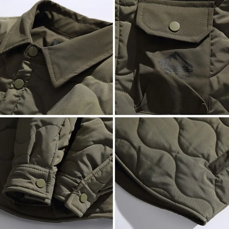 سترات مبطنة منقوشة على شكل قرع للرجال مع جيوب متعددة Harajuku Retro High Street مريحة وفضفاضة ومتعددة الاستخدامات معاطف قطنية دافئة