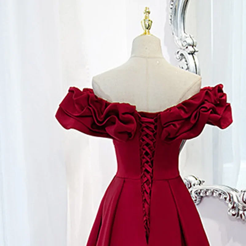 New Evening Dress Elegant Boat Neck Lace Up Floor-Length Off The Shoulder A-Line Burgundy Satin Party Formal Dresses Woman B1540