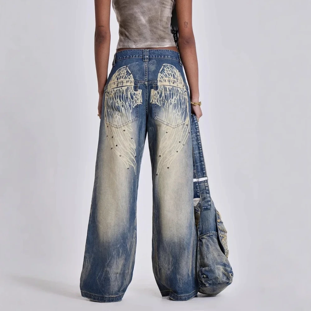 

Mia Muse Select 2025 Autumn Jeans Women's Streetwear Denim Wing Print Pockets Natural Waist Daily Wide Leg Full Length Jeans