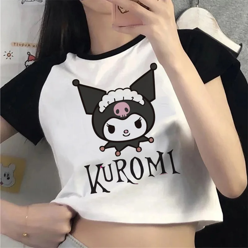 Sanrio Kuromi Karikatür Baskı Kadın T-shirt Y2k Sokak Harajuku Baharatlı Kız Tees Tops Kore Moda Sevimli Ince Kadın Kısa Kollu