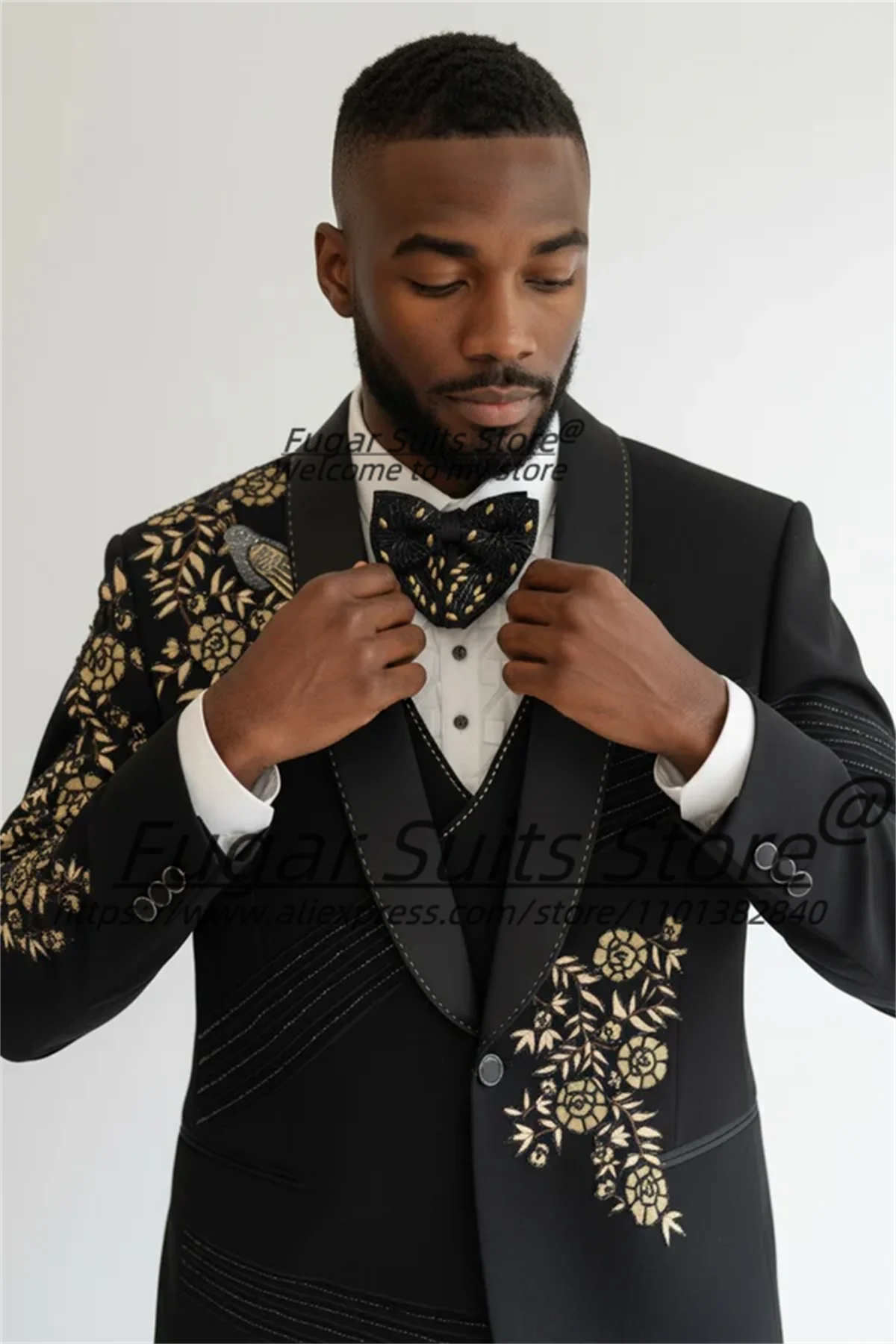 Elegant Gold Embroidery Groom Wedding Tuxedos Customized Slim Fit Shawl Lapel Men Suits 3Pcs Sets Male Party Blazers Ropa Hombre