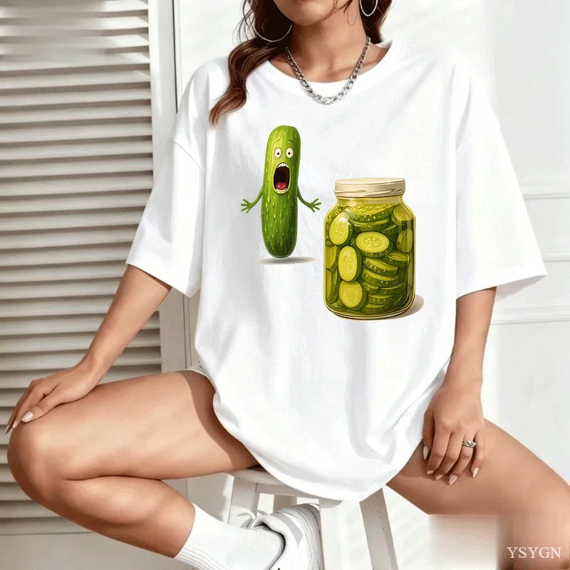 Soft Women Graphic Print T-Shirt Playful Pickle Cucumber Design Summer Tee Comfortable Fabric Ladies Casual Top Crew Neck Tops