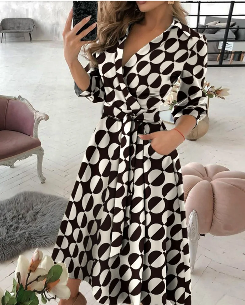 2023 Women\'s Dress Spring and Autumn Style Fashion Medium Sleeve V-Neck Elegant Print Wrapped Hip Women\'s Dress