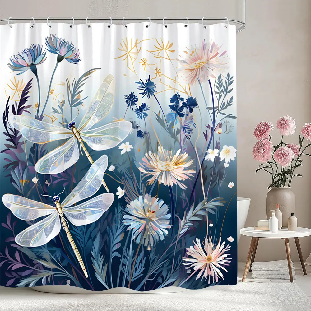 Dragonfly Pattern Printed Shower Curtain Watercolour Painting Botanical Flower Art Creative Fabric Shower Curtains Bathroom Deco