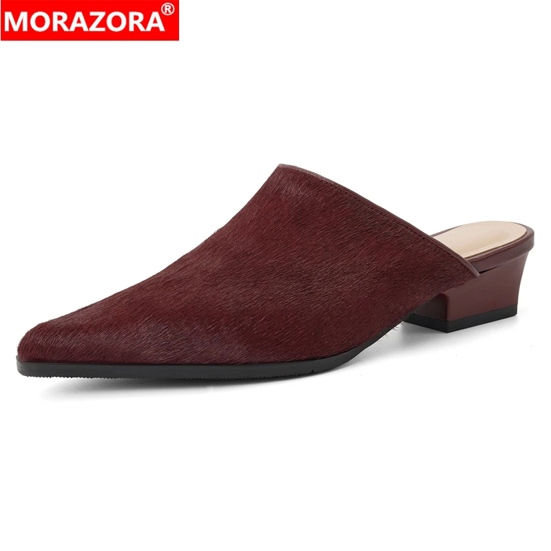 

Женские тапочки MORAZORA больших размеров 34-43 из конского волоса и кожи, на низком каблуке, с острым носком, летние, винно-красные, женская обувь, мюли