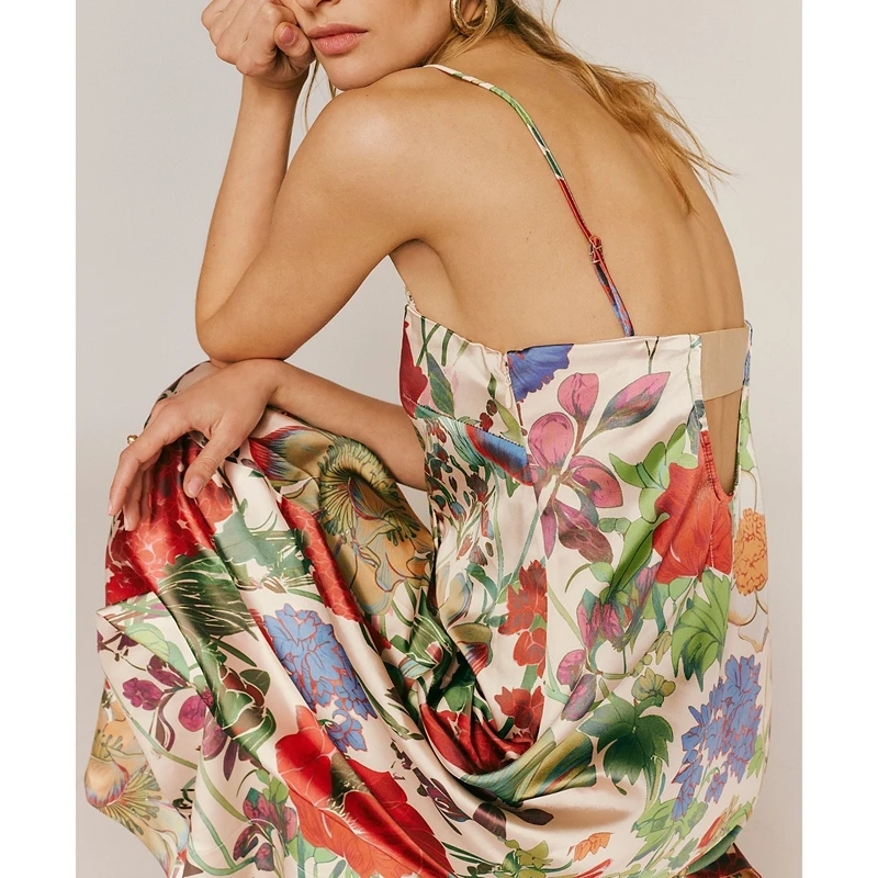 Combhasaki Donna Estate Boho Senza maniche Spalline regolabili Ritaglio posteriore Stampa floreale Abito lungo a trapezio fluido e setoso