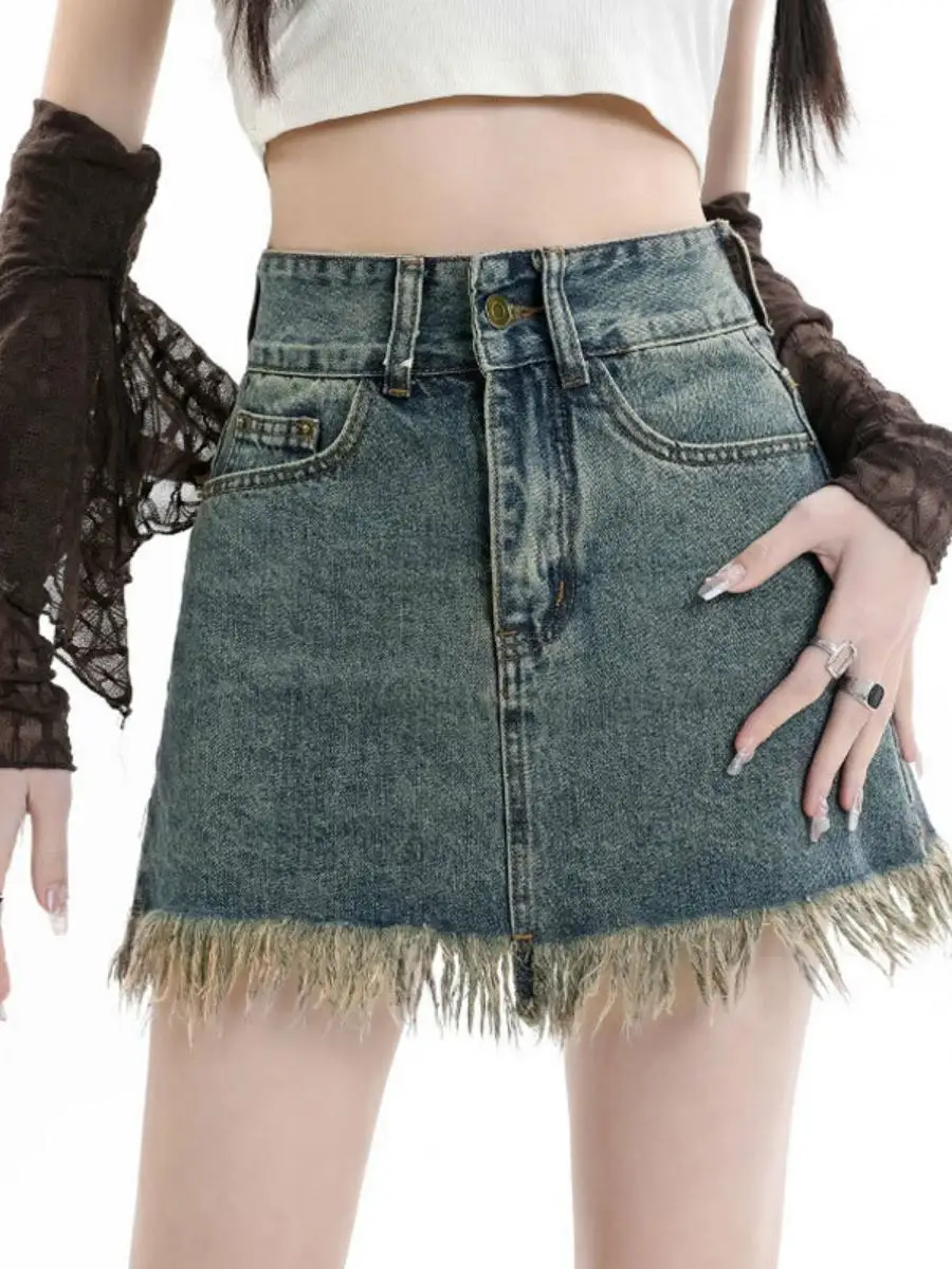 

Юбка трапециевидной формы с высокой талией, женские джинсовые юбки с потертым подолом, винтажные юбки Fene, расклешенные юбки, лето 2023, модный тренд