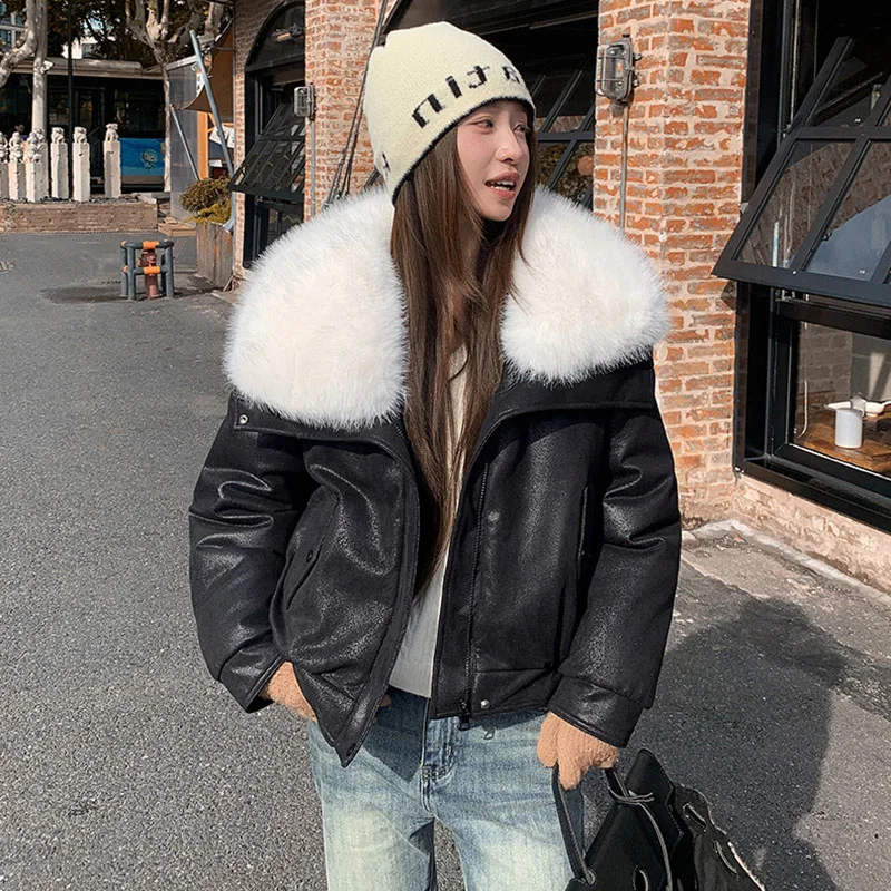 Fashion Fox Fur Collar Quilted Jacket Women Korean Zipper Waterproof Short Faux Leather Coat Autumn Winter Thicken Warm Parkas