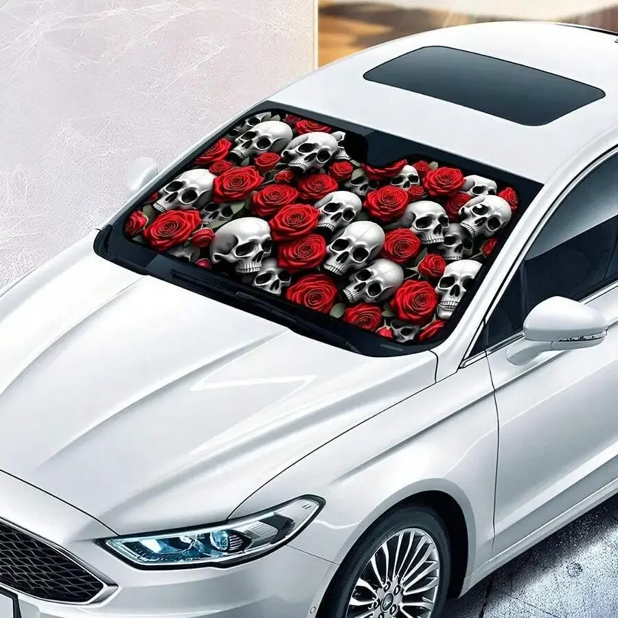 

Foldable Car Sunshade With Skull And Red Rose Design UV Protection For Front Windshield
