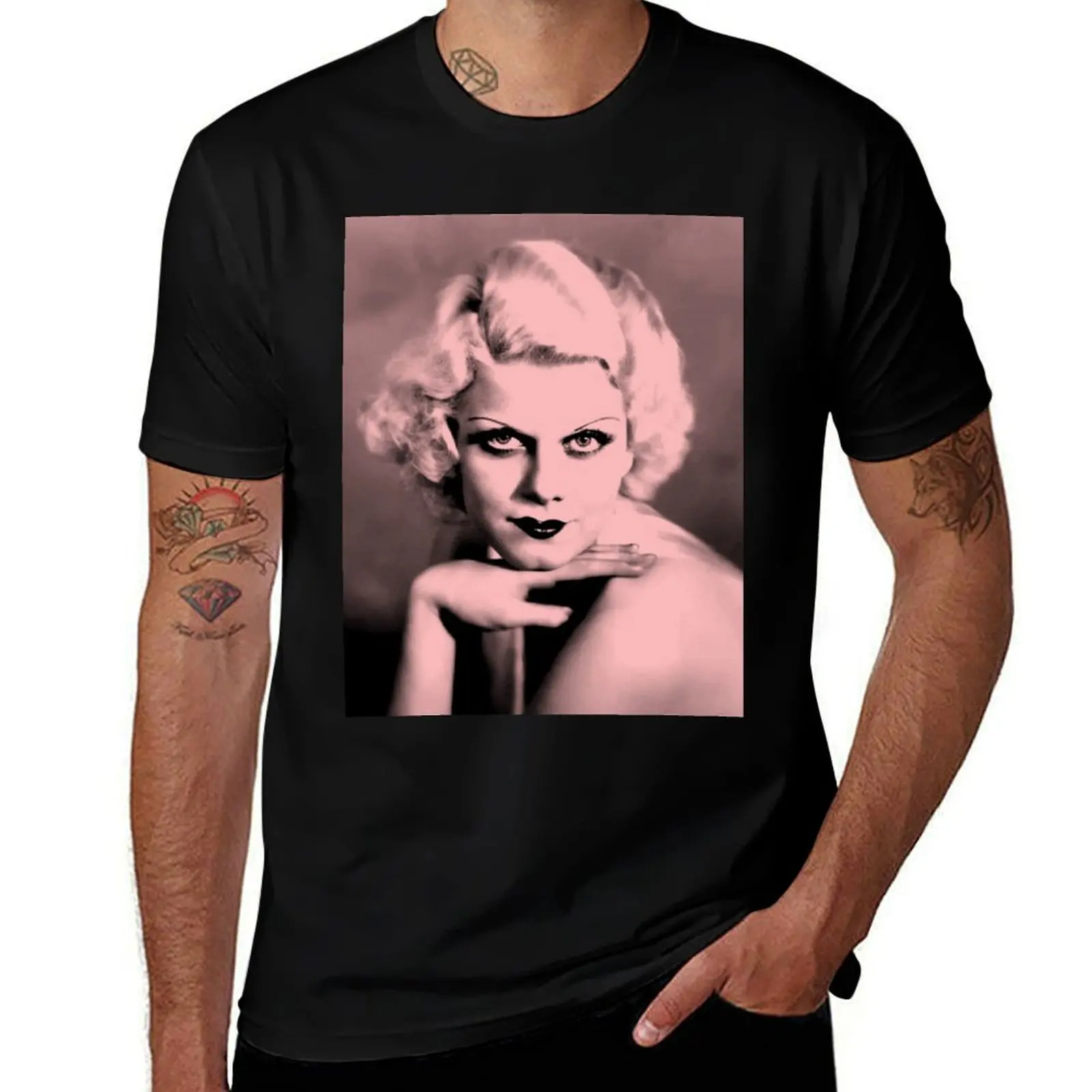 Jean Harlow in pink and black T-Shirt Active Sports Short Sleeve Cotton Shirt T-Shirt