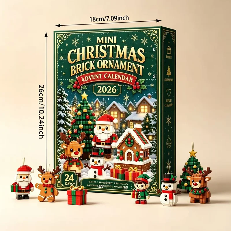 Weihnachts-Adventskalender 2026 Mini-Bausteine Ornament-Set 24 Stück Rentier Schneemann Hängende Dekoration Weihnachtsbaum-Anhänger