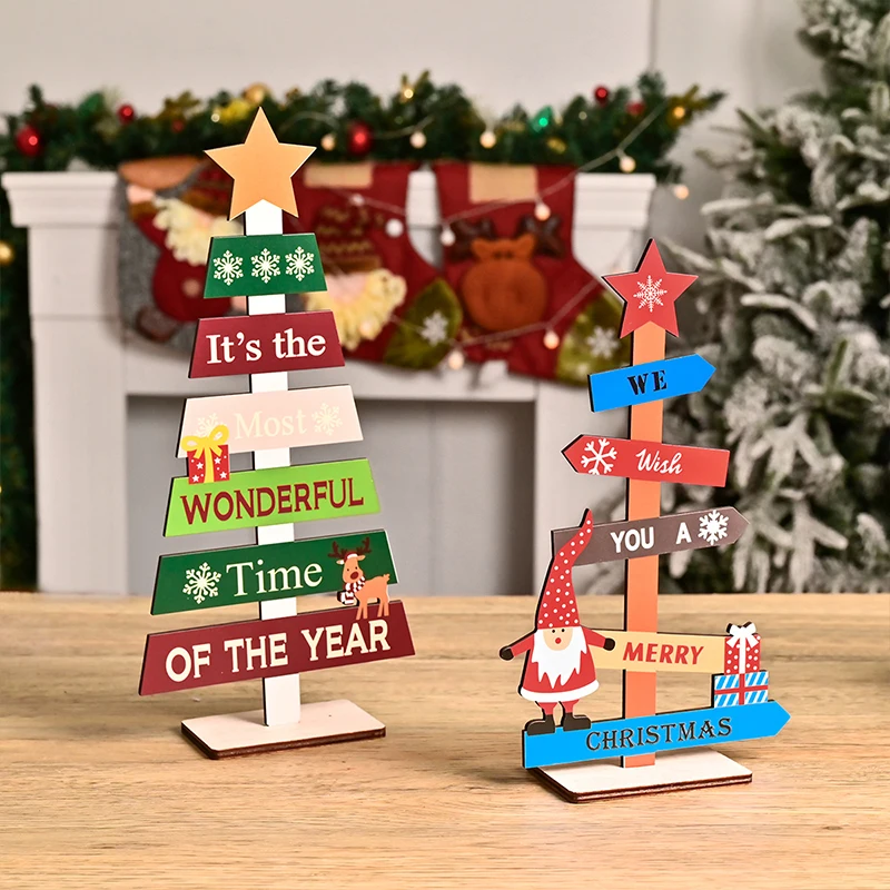 Wooden Christmas Tree Handmade DIY Christmas Party Tabletop Ornaments Cartoon Colorful Xmas Tree New Year Home Decoration Gift