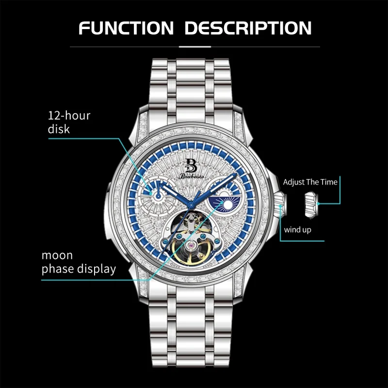 Men\'s Skeleton Automatic Mechanical Winding Wristwatch Stainless Steel Waterproof Fashion Sapphire Crystal Watch 2024