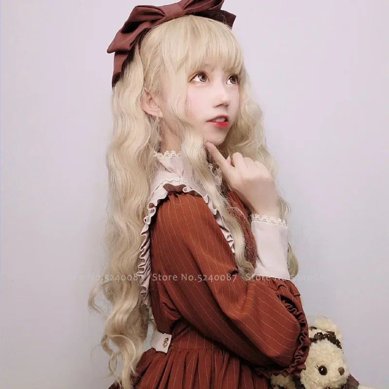 Peruca japonesa para cosplay, fantasia de elfo princesa, para mulheres, carnaval, festas, palco, adereços de cabeça, boneca kawaii, cabelo longo encaracolado