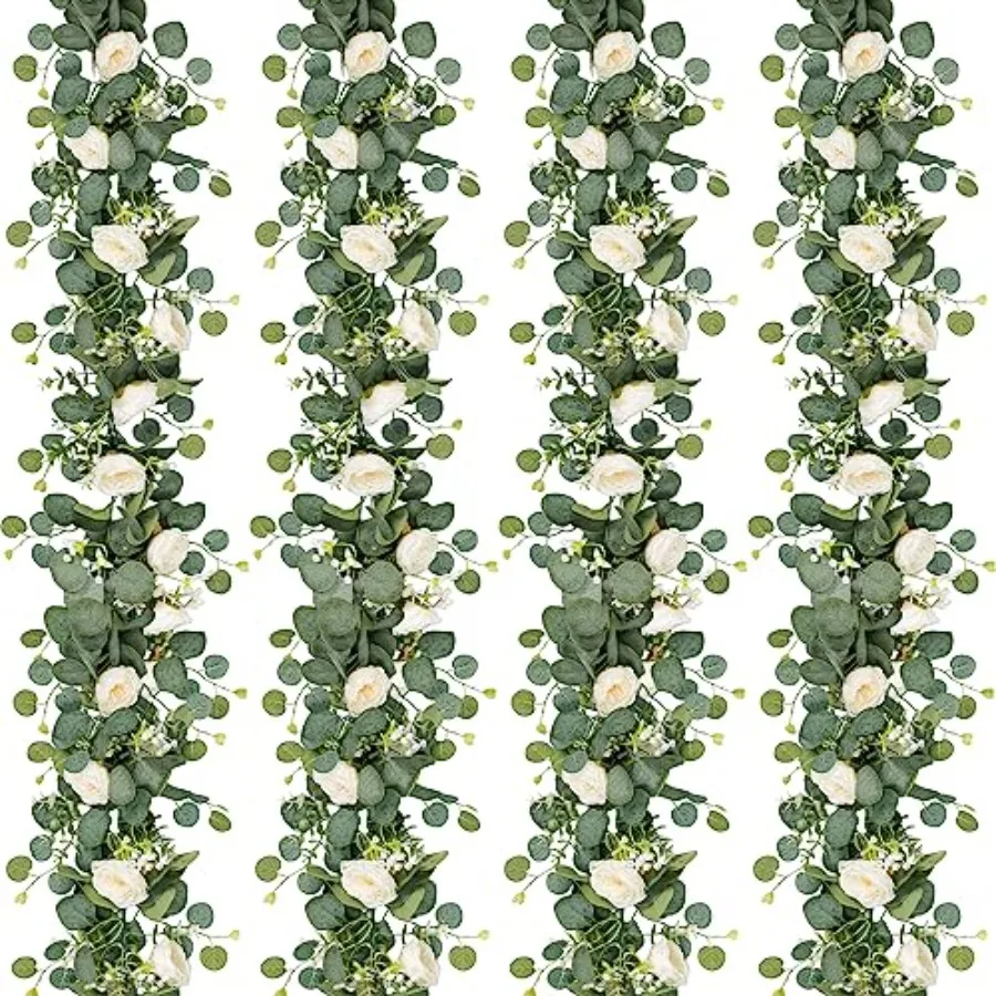 

4 Pack Artificial Eucalyptus Flower Garland with Roses, Fake Rose Flower Greenery Garland Floral Vines for Wedding Home Party T