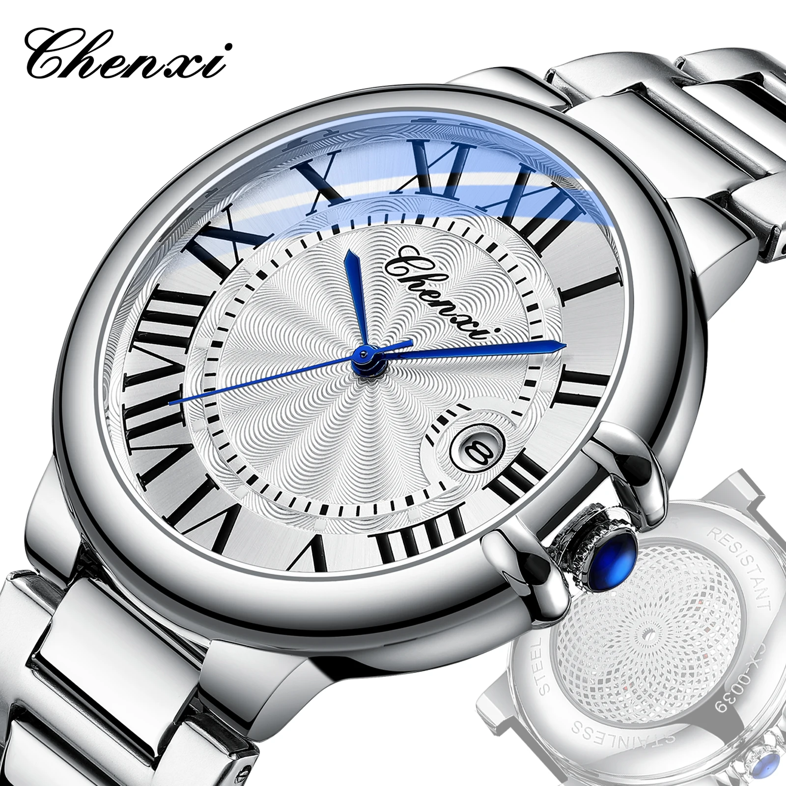 Chenxi 0039 New Men's Watches Original Silver Waterproof Calendar Luminous Quartz Watch Stainless Steel Strap Male Wristwatch