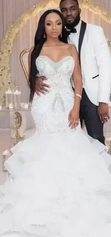 Maßgeschneiderte Schatz-Organza-Perlen, Meerjungfrau-Hochzeit, afrikanische Stufen, taillierte Spitze, Land-Applikation, Brautkleid, Schleppe, Brautkleid