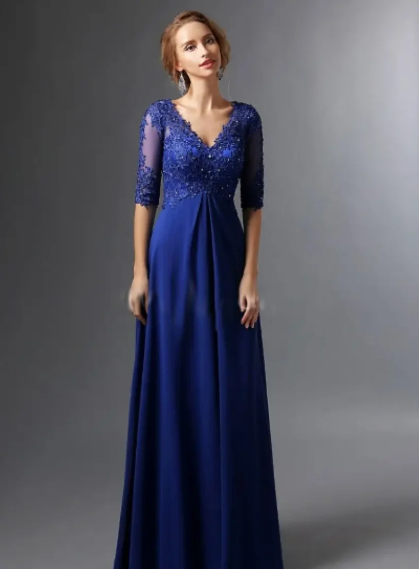 

A-line V-neck Half Sleeves Chiffon Lace Long Elegant Groom Mother Dresses Plus Size Royal Blue 2024 Mother Of The Bride Dresses