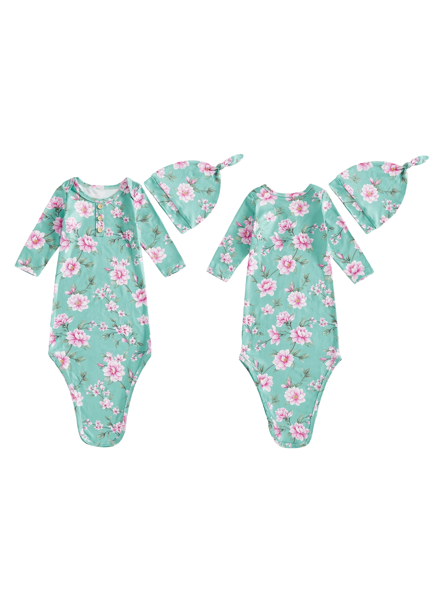 طقم ثوب وقبعة معقودة بطبعة زهور للفتيات الصغيرات الرضع بأكمام طويلة ورقبة دائرية وزر ملابس نوم لحديثي الولادة