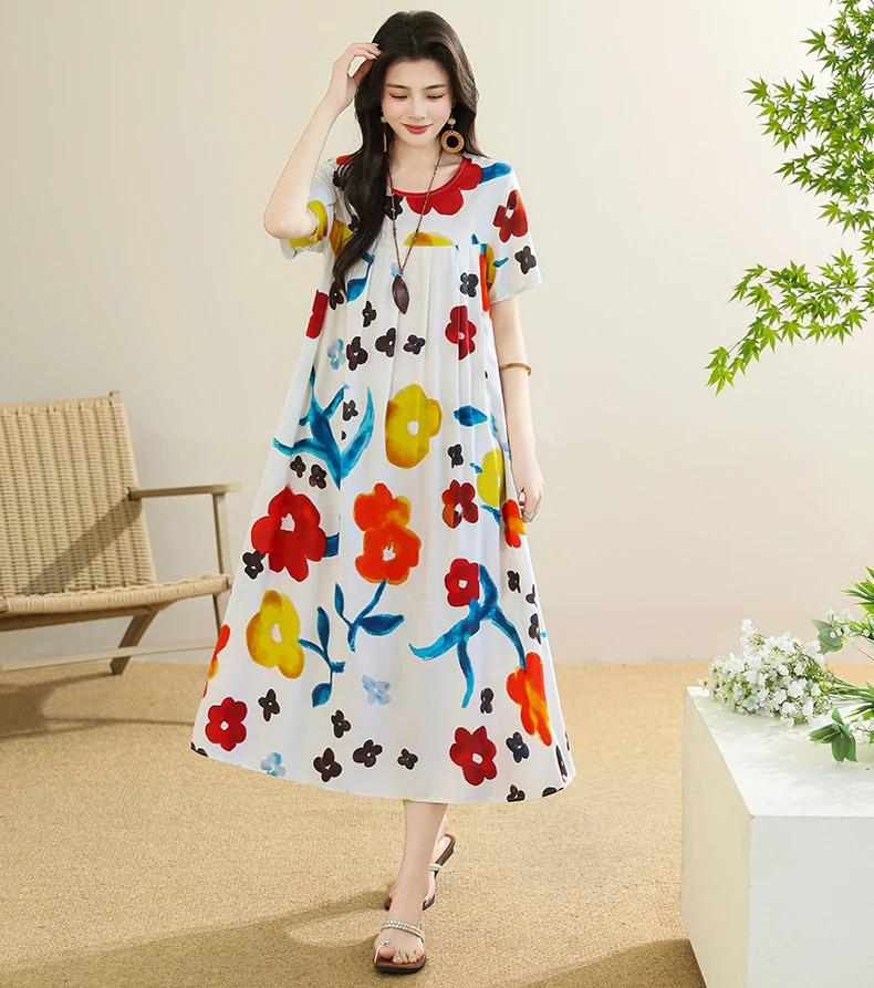 New 2025 Summer Dress For Women Plus Size Dress Casual Short Sleeve Boho Vintage Print Long Maxi Dress Beach Women Clothing