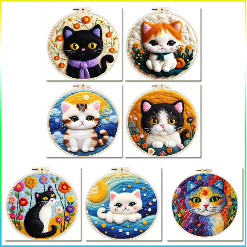 

CHENISTORY 1set Cat Animal Frame Painting Handmade Wool Felt Diy Material Package Wool Felt Painting For Beginner Handicraft