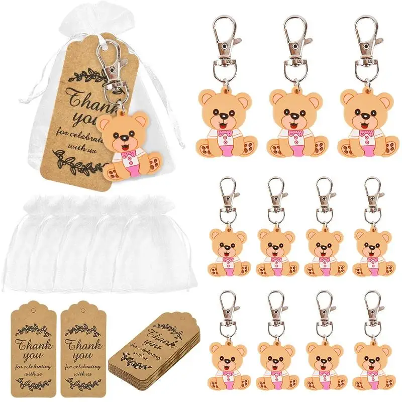 10-100sets baby shower souvenir organza gift bag with thank you tag bear keychains girl boy gender reveal birthday party favors