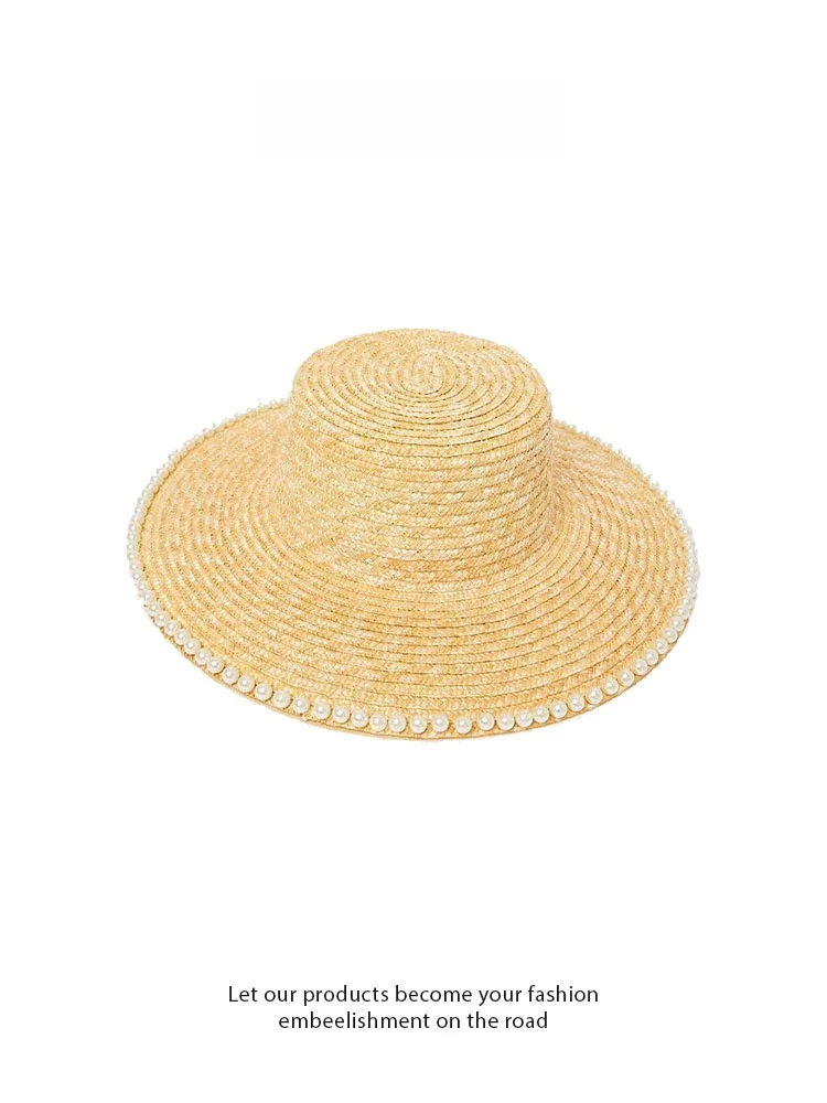 deniso-women's-straw-hat-summer-new-style-flat-top-wheat-straw-countryside-style-sunshade-hat-pearl-chain-elegant-gift-hat