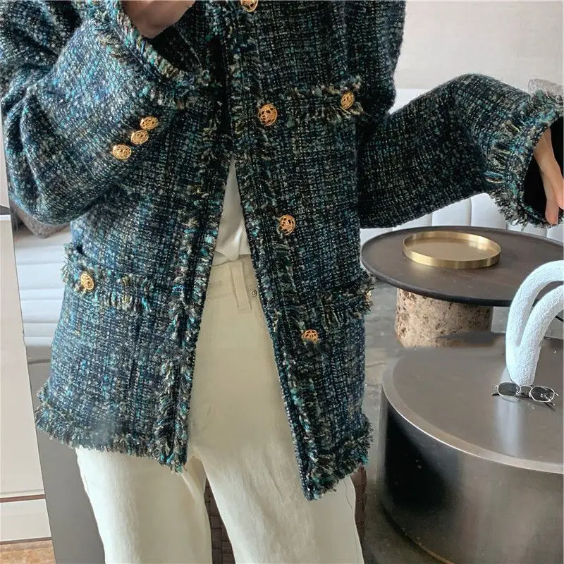 Autumn Winter 2022 New Women\'s Loose Retro Tweed Modern Blue Blazers Coat Female O-Neck Suit
