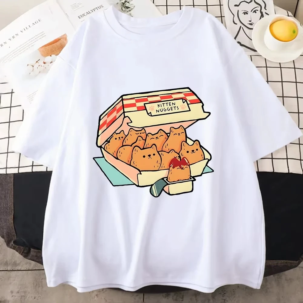 Kitten Nuggets Happy T Shirts Men's Kawaii/cute High Street Tshirts T-shirts Cat Biscuits Dipping Sauce Short Sleeve Fashion Y2K