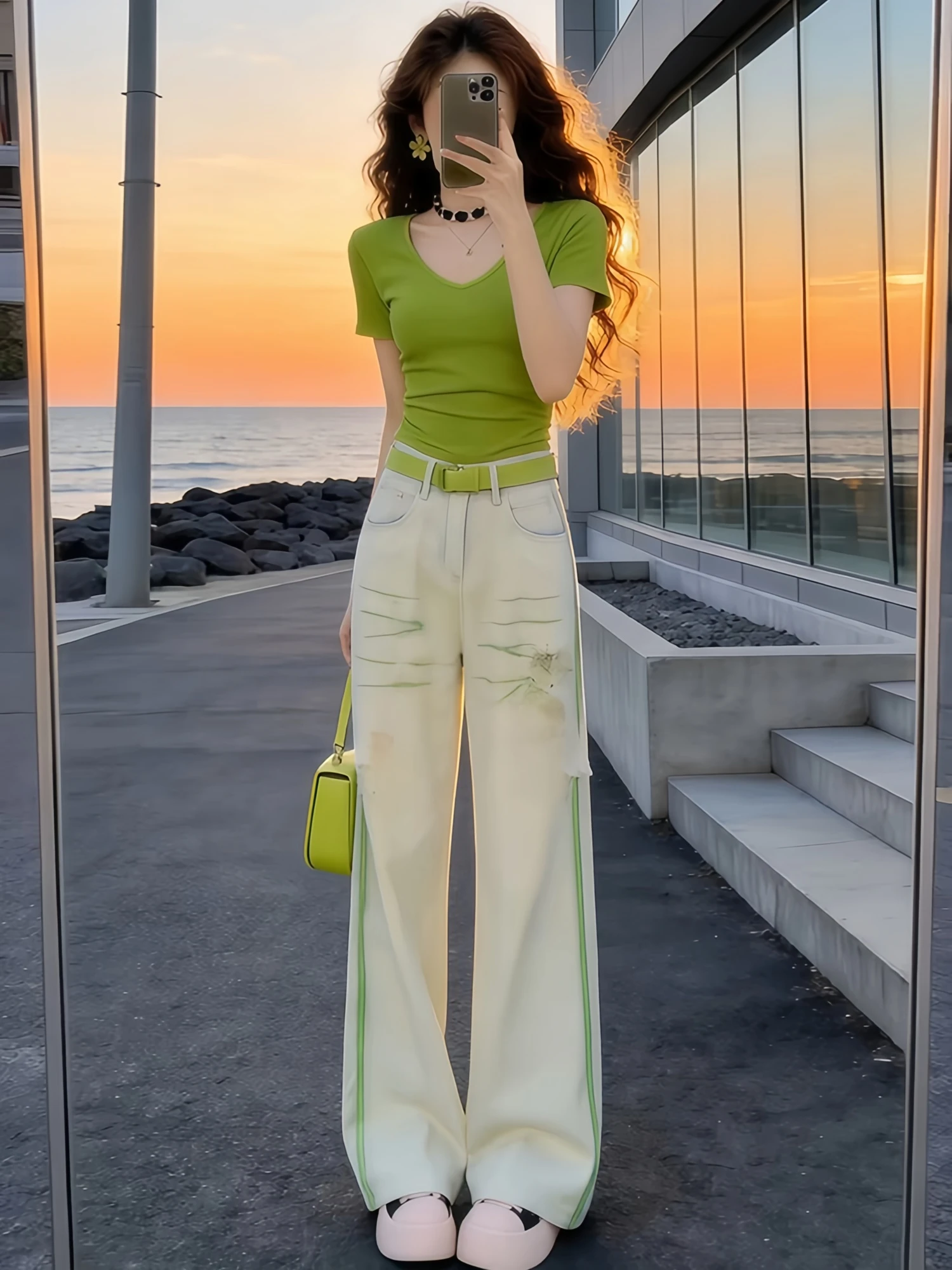 

Unique Beautiful Spring Summer Women's Green Short Sleeve T-Shirt Straight Leg Pants Two-Piece Set Casual Fashion Outfit