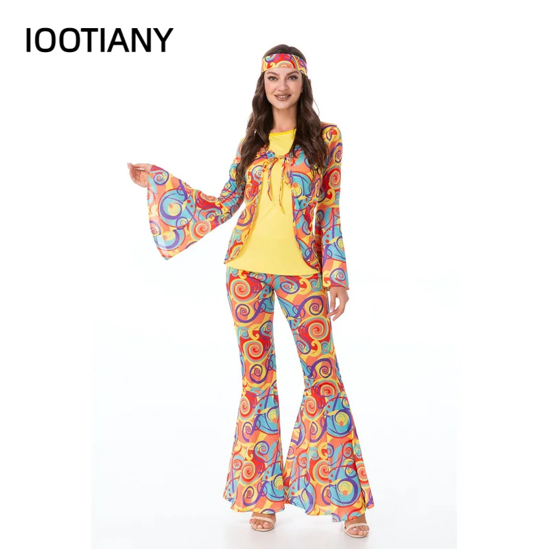 

A Couple Halloween Rave Party Retro 60s 70s Hippie Cosplay Costume Music Festival Vintage Rock Disco Ball Bell Bottom Pants Suit