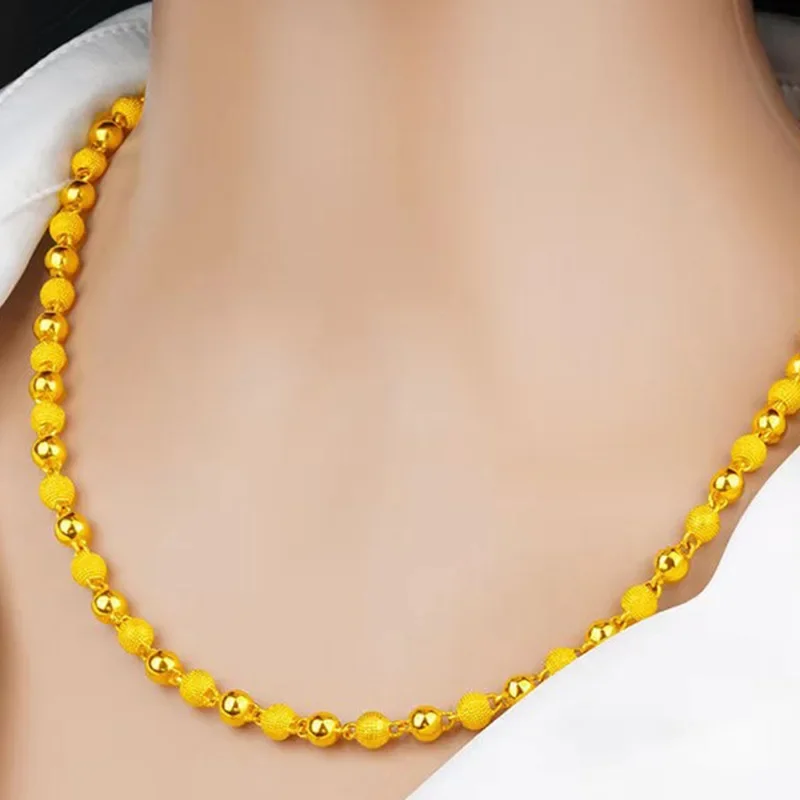 Briex Jewelry AU999 gold round bead necklace 24K real gold matte collarbone chain fashionable atmospheric and versatile men and