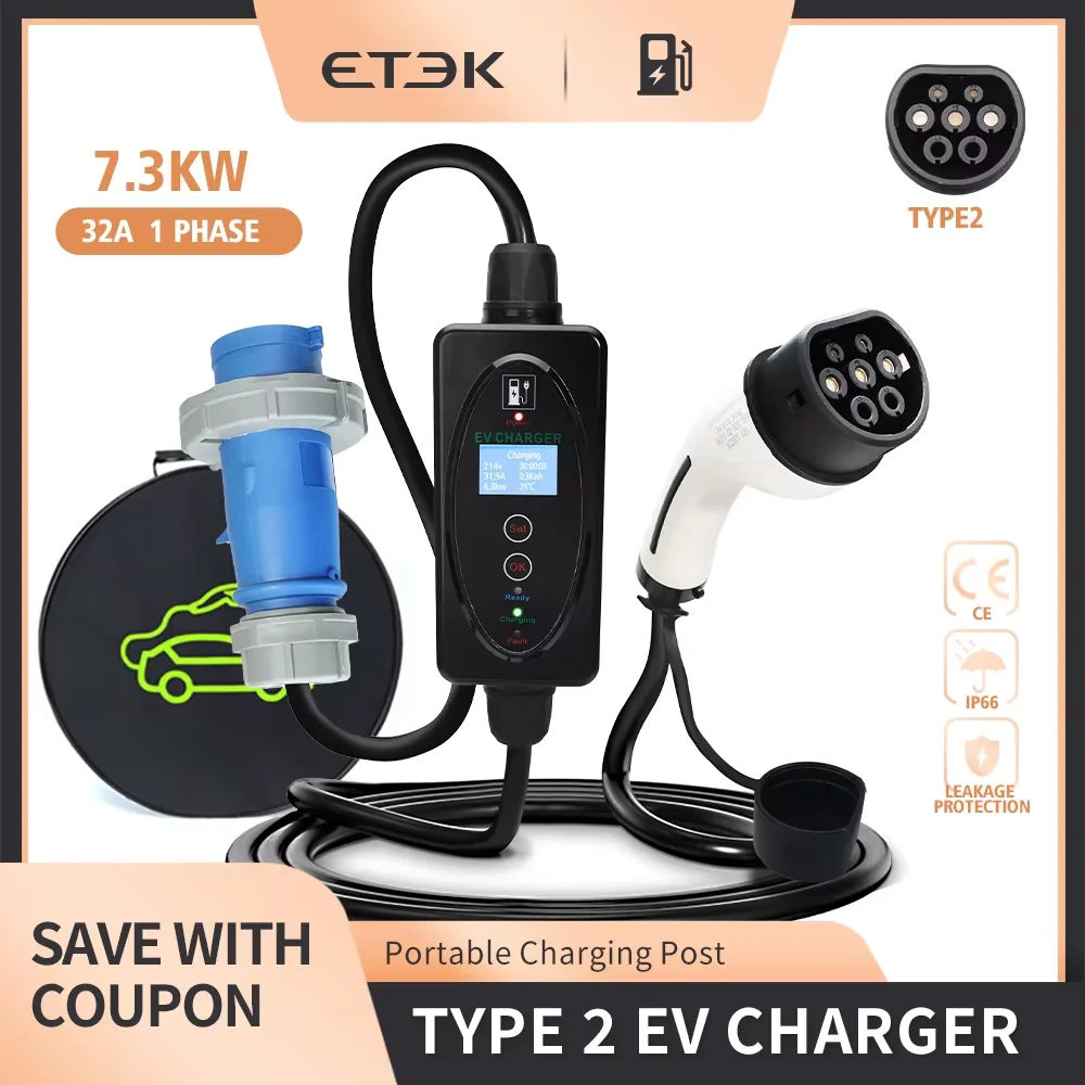 ETEC Protable Charger 1PH 16A/32A 3.7KW With Type 2 Plug & 4 Meters Charging Cable+CEE power Plug&1Meter power Cable