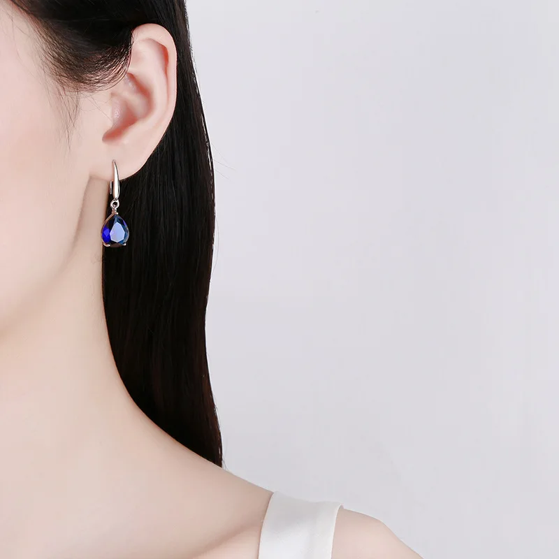 Women's Blue Sapphire Pear Cut Drop Earrings, Bridal Gift
