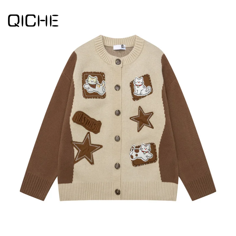QICHE Men Shape Patch‑Embroidered Color‑Block Crew Neck Cardigan Loose Trendy Knit Outerwear For Spring Autumn