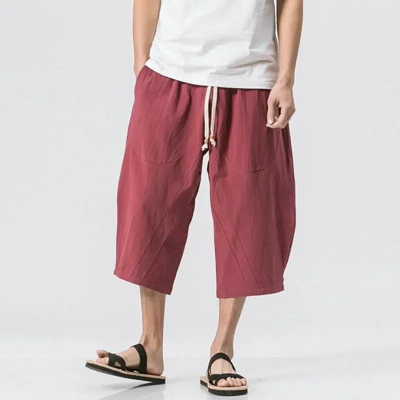 Chinese Style Summer Men Linen Pants 2023 Men Wide Leg Trousers Male Drop Crotch HipHop Man Joggers Calf-Length Pants Track Pant