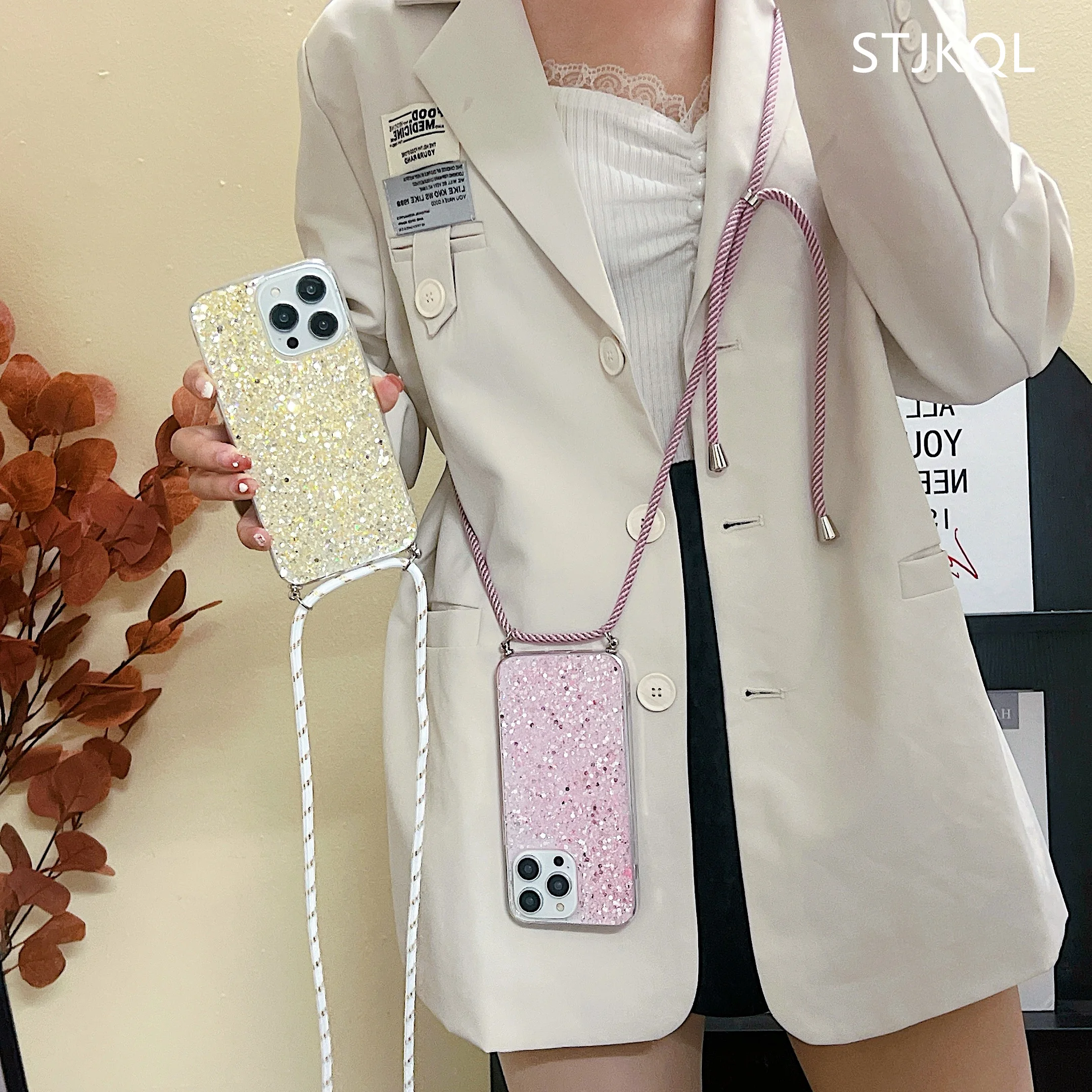 Transparent Glitter Band Cord Necklace Lanyard Soft Phone Case For Xiaomi Redmi Note 10 Pro 11 12 8 9 Redmi 9 9A 9T 9C 10C Cover