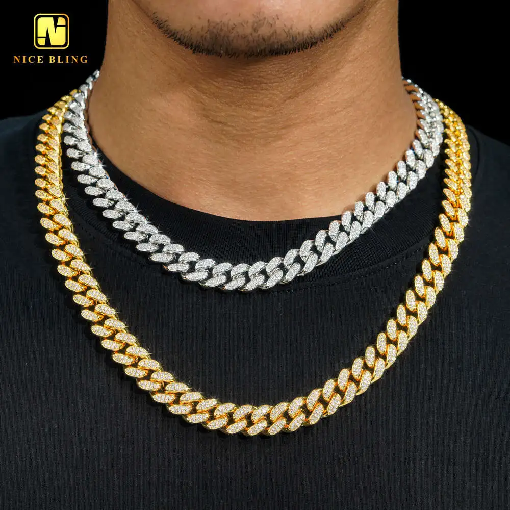 Wholesale 12mm Miami Cuban Link Chains Brass Jewelry Hip Hop 5a Cubic Zircon Cuban Necklace Bracelet for Men and Women