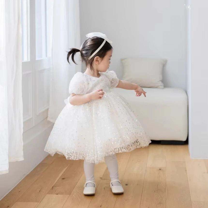 Elegant Princess Dress for  Girl's White Wedding Tutu Dress Flower Girl Birthday Party Dresses Kids Vestidos Princess Sequins