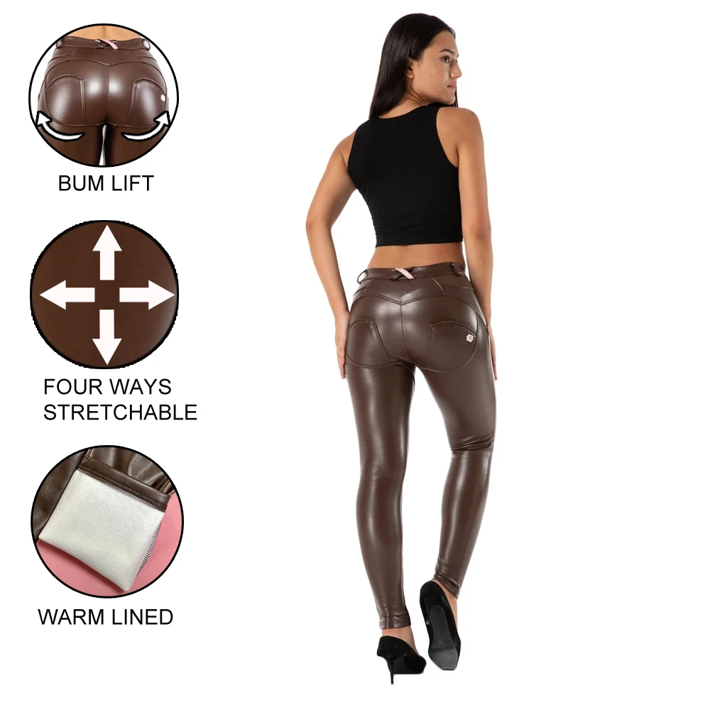 Shascullfites Melody Autumn PU Faux Leather Leggings Women Skinny Pants Gym And Shaping Female Fleece Pencil Brown Leggings