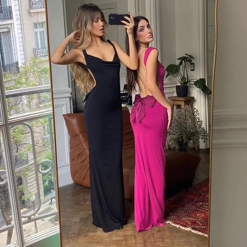 Sexy V Neck Backless Bow Long Dress Womens Curvy Sleeveless Bodycon Pink Dresses Black Evening Party Prom Robe Gowns Holiday New