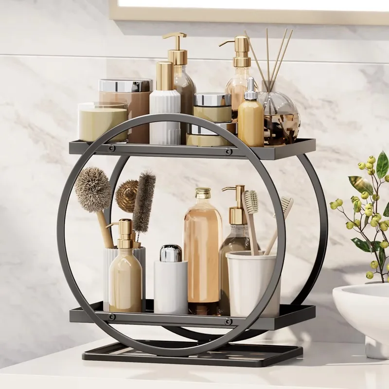 Luxury Cosmetic Organizer, Iron Ring Storage Rack, Black Gold Finish, Stable Display Stand, Vanity Makeup Holder, Luxury