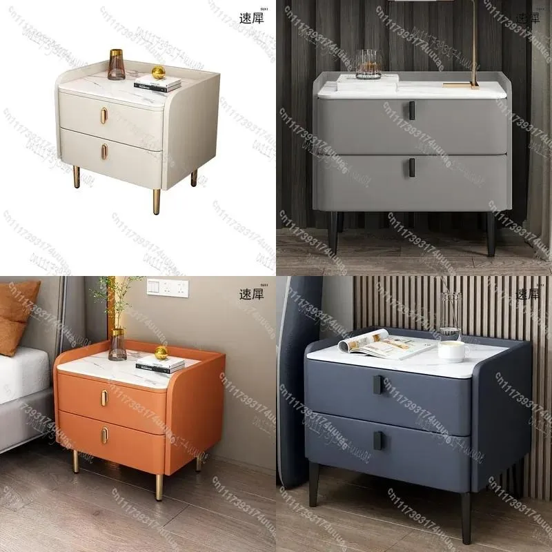 Modern Wooden Nightstand with Sintered Stone Top 2 Drawers Faux Leather Bedside Table Home End Table for Bedroom Living Room