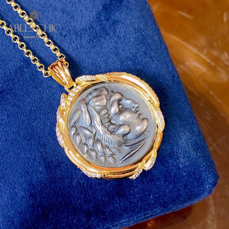 Ables Chic Byzantine Solid 925 Silver Greek Antique Coin Pendant Roman Sculptures 5A CZ Paved Rim Necklaces C11N3S26073